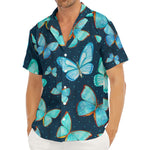 Watercolor Blue Butterfly Pattern Print Men's Deep V-Neck Shirt