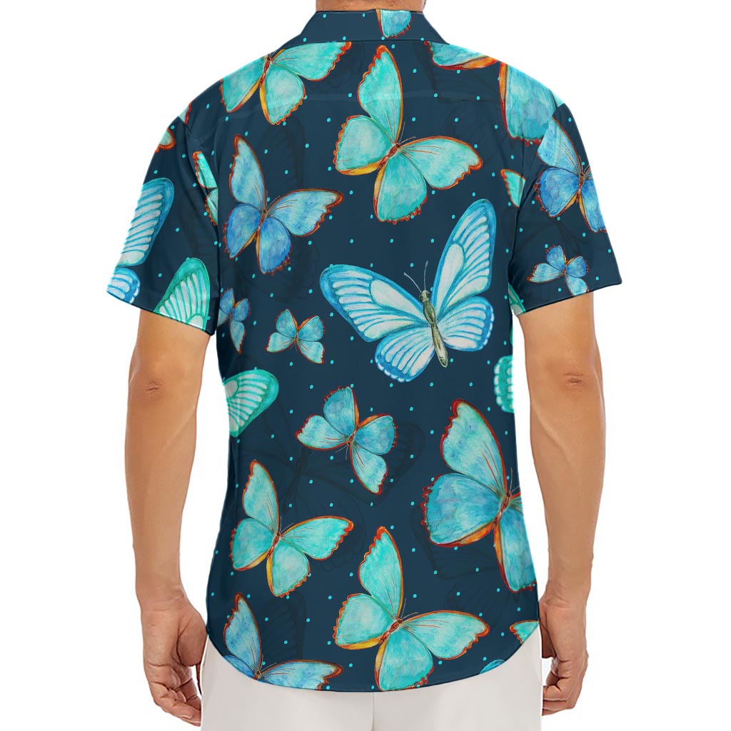 Watercolor Blue Butterfly Pattern Print Men's Deep V-Neck Shirt