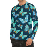Watercolor Blue Butterfly Pattern Print Men's Long Sleeve Rash Guard