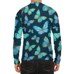 Watercolor Blue Butterfly Pattern Print Men's Long Sleeve Rash Guard