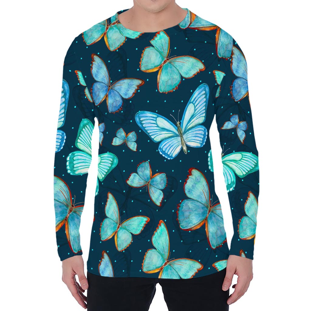 Watercolor Blue Butterfly Pattern Print Men's Long Sleeve T-Shirt