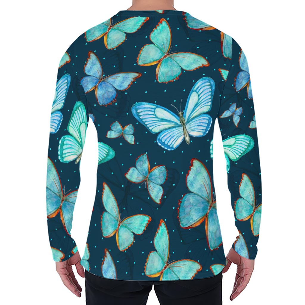 Watercolor Blue Butterfly Pattern Print Men's Long Sleeve T-Shirt