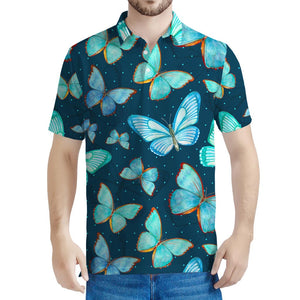 Watercolor Blue Butterfly Pattern Print Men's Polo Shirt