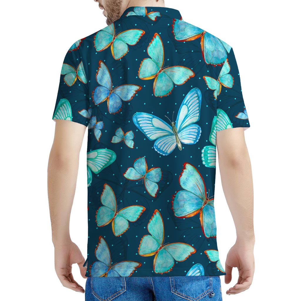 Watercolor Blue Butterfly Pattern Print Men's Polo Shirt