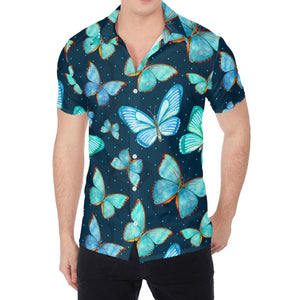 Watercolor Blue Butterfly Pattern Print Men's Shirt