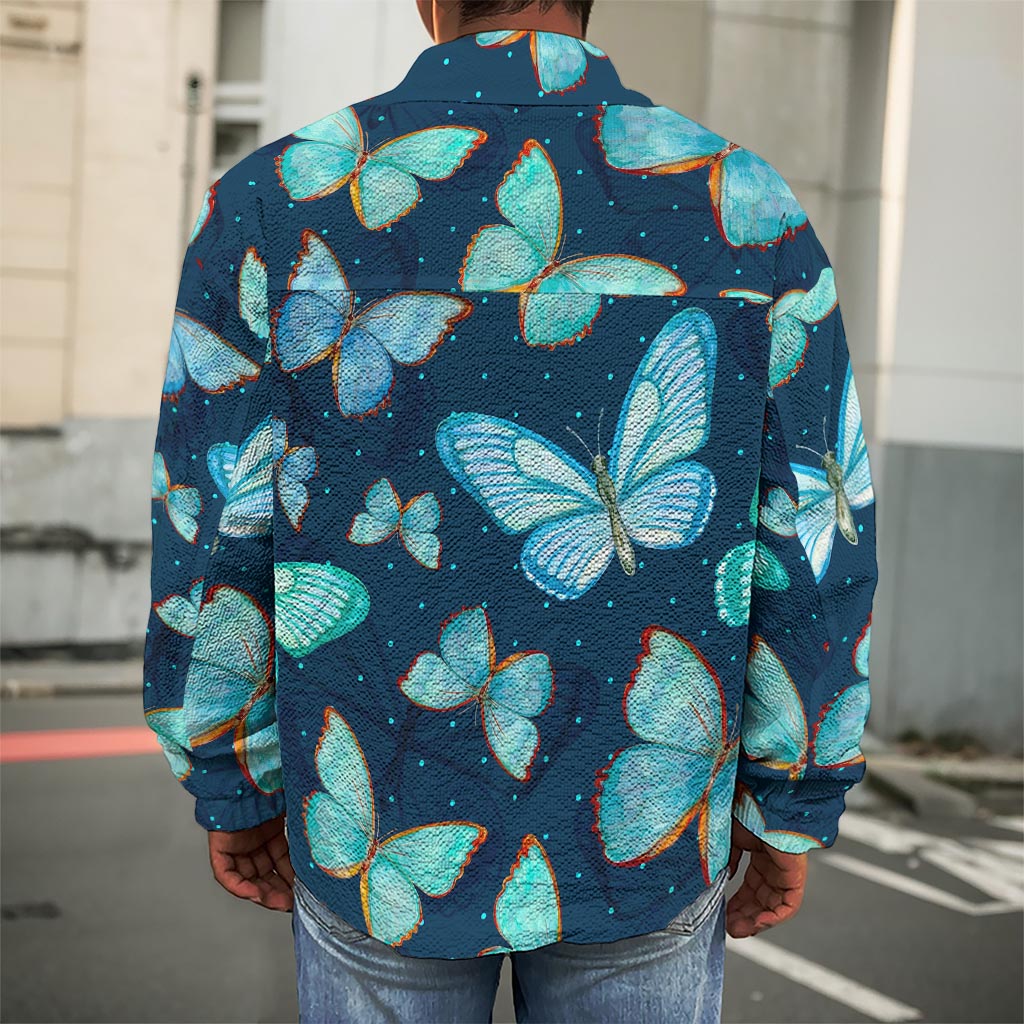 Watercolor Blue Butterfly Pattern Print Men's Shirt Jacket