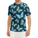 Watercolor Blue Butterfly Pattern Print Men's Short Sleeve Rash Guard