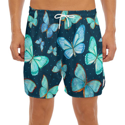 Watercolor Blue Butterfly Pattern Print Men's Split Running Shorts