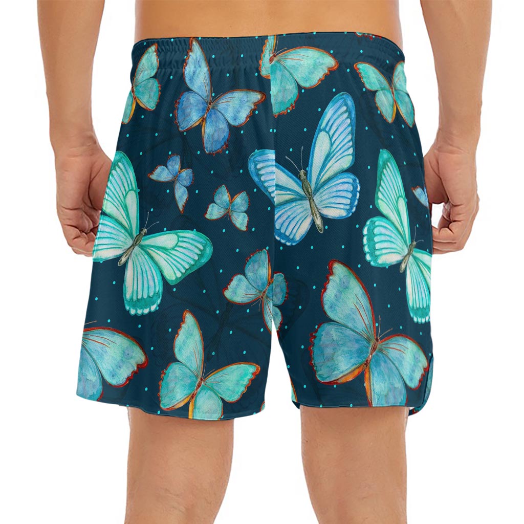 Watercolor Blue Butterfly Pattern Print Men's Split Running Shorts