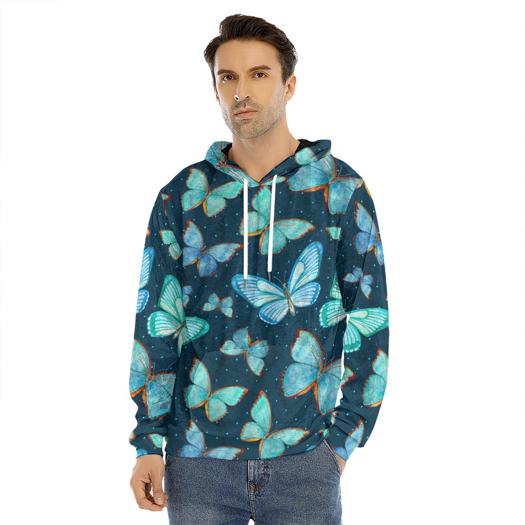 Watercolor Blue Butterfly Pattern Print Men's Velvet Pullover Hoodie