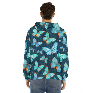 Watercolor Blue Butterfly Pattern Print Men's Velvet Pullover Hoodie