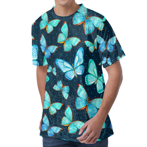 Watercolor Blue Butterfly Pattern Print Men's Velvet T-Shirt