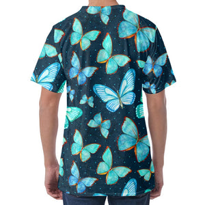 Watercolor Blue Butterfly Pattern Print Men's Velvet T-Shirt