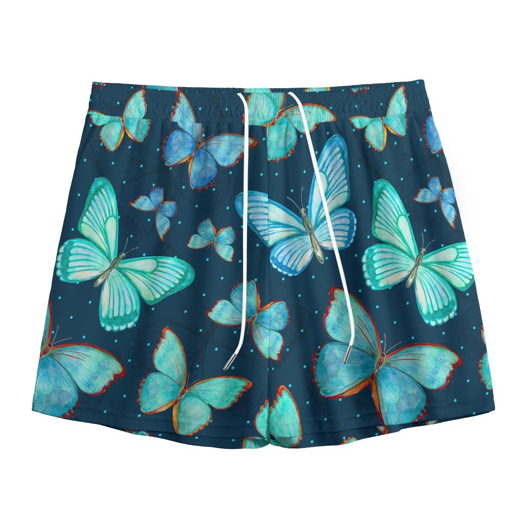 Watercolor Blue Butterfly Pattern Print Mesh Shorts
