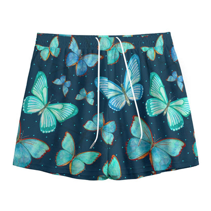 Watercolor Blue Butterfly Pattern Print Mesh Shorts