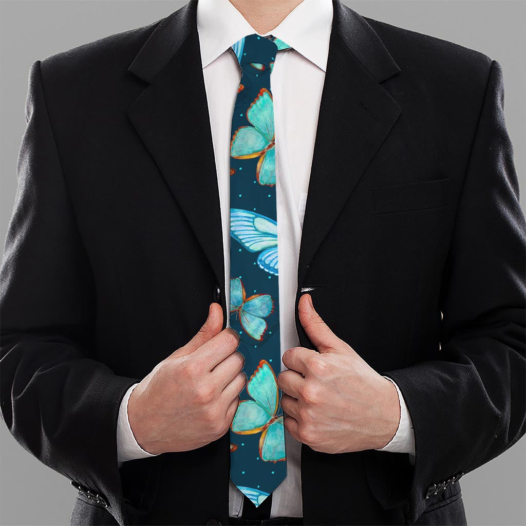 Watercolor Blue Butterfly Pattern Print Necktie