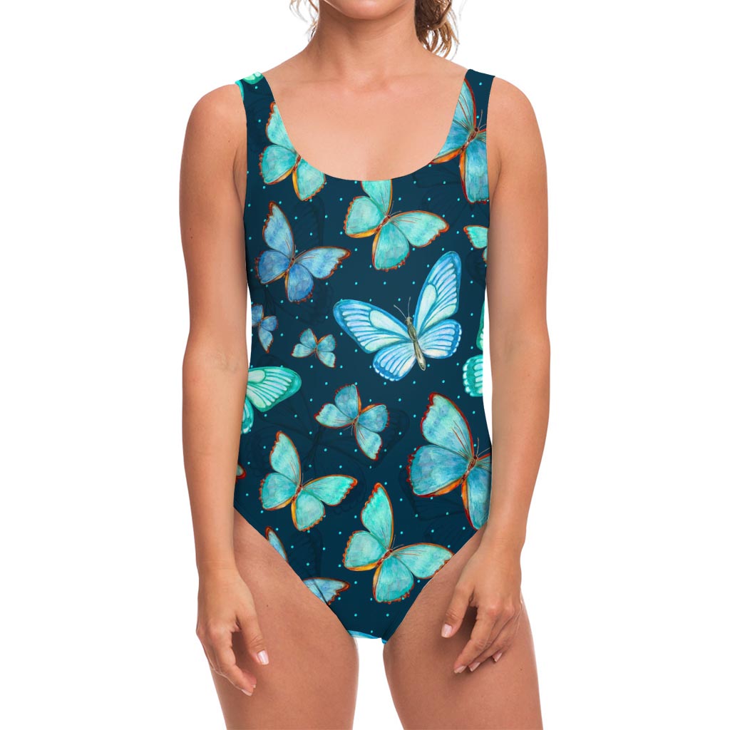 Watercolor Blue Butterfly Pattern Print One Piece Swimsuit