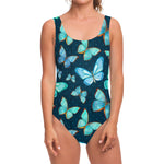 Watercolor Blue Butterfly Pattern Print One Piece Swimsuit