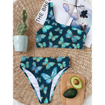 Watercolor Blue Butterfly Pattern Print One Shoulder Bikini Top