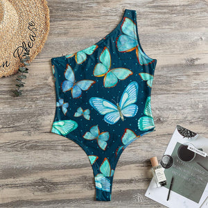 Watercolor Blue Butterfly Pattern Print One Shoulder Bodysuit