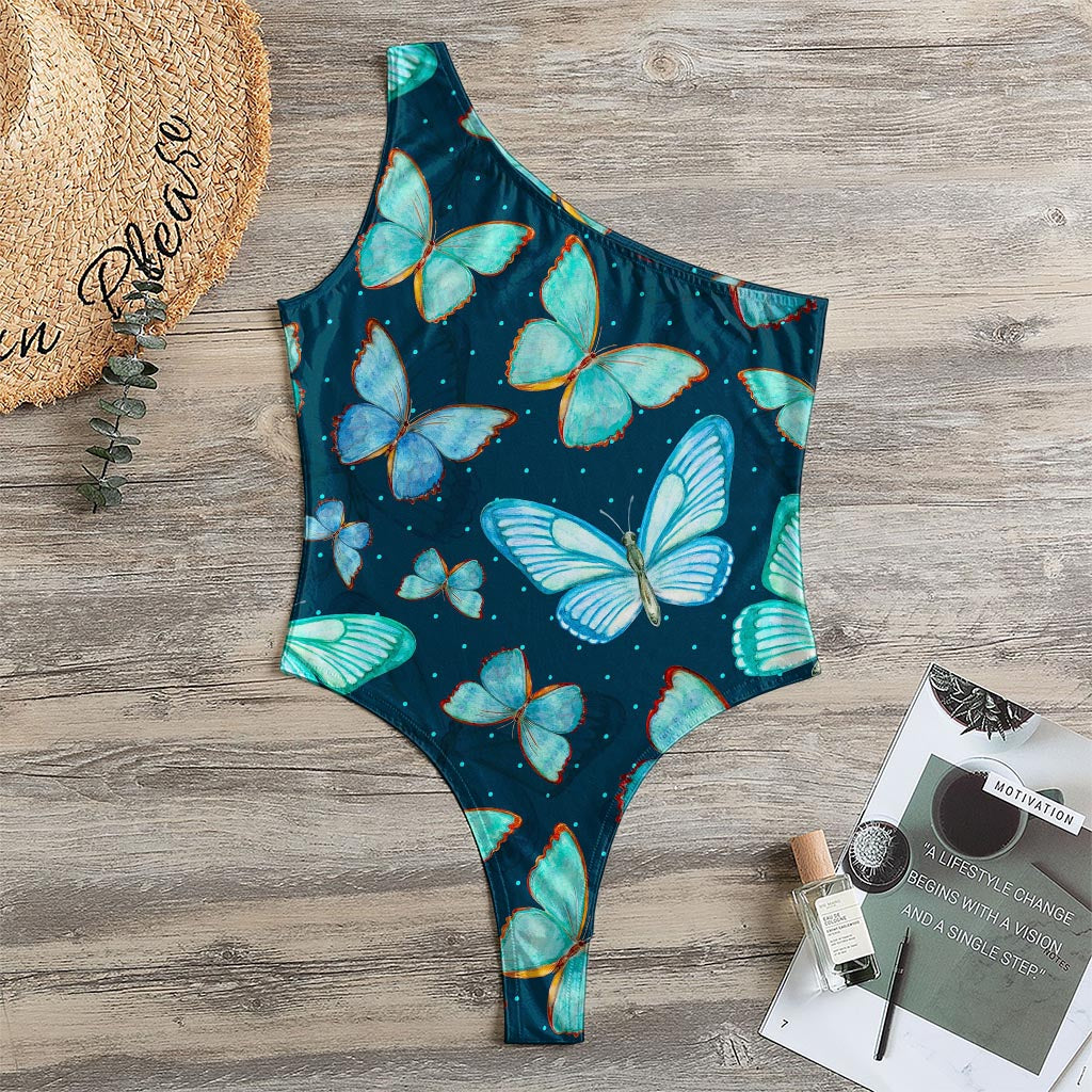 Watercolor Blue Butterfly Pattern Print One Shoulder Bodysuit