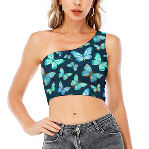 Watercolor Blue Butterfly Pattern Print One Shoulder Crop Top