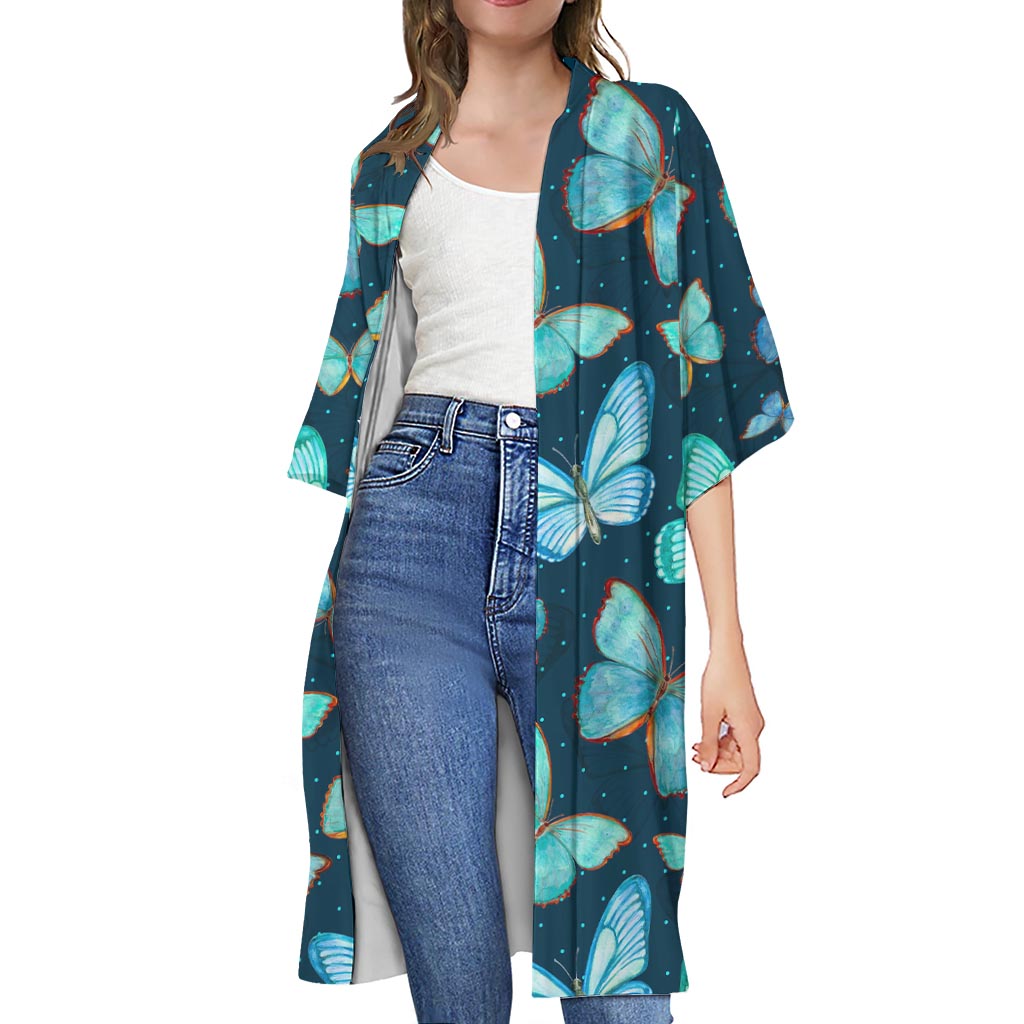 Watercolor Blue Butterfly Pattern Print Open Front Beach Cover Up