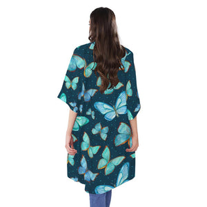 Watercolor Blue Butterfly Pattern Print Open Front Beach Cover Up