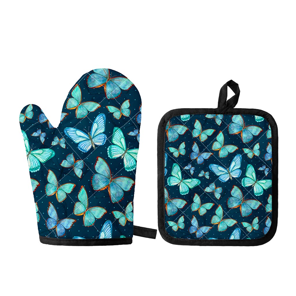 Watercolor Blue Butterfly Pattern Print Oven Mitt And Pot Holder Set