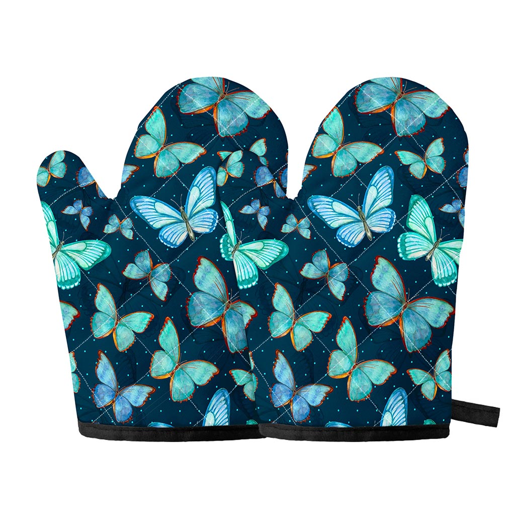 Watercolor Blue Butterfly Pattern Print Oven Mitts