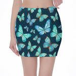 Watercolor Blue Butterfly Pattern Print Pencil Mini Skirt