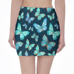 Watercolor Blue Butterfly Pattern Print Pencil Mini Skirt