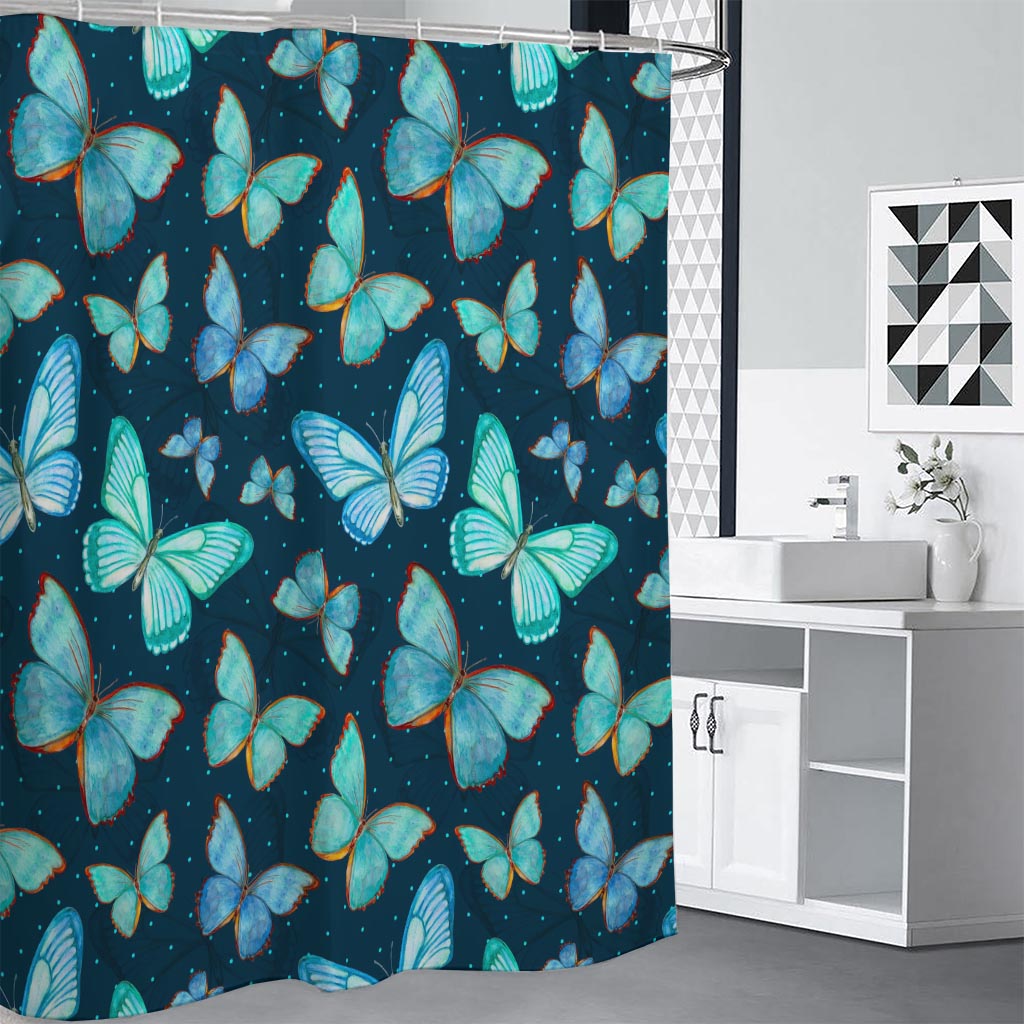 Watercolor Blue Butterfly Pattern Print Premium Shower Curtain