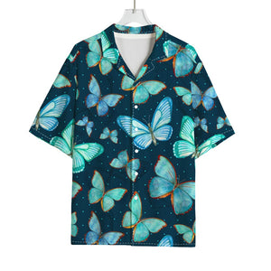 Watercolor Blue Butterfly Pattern Print Rayon Hawaiian Shirt