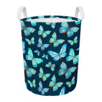 Watercolor Blue Butterfly Pattern Print Round Laundry Basket