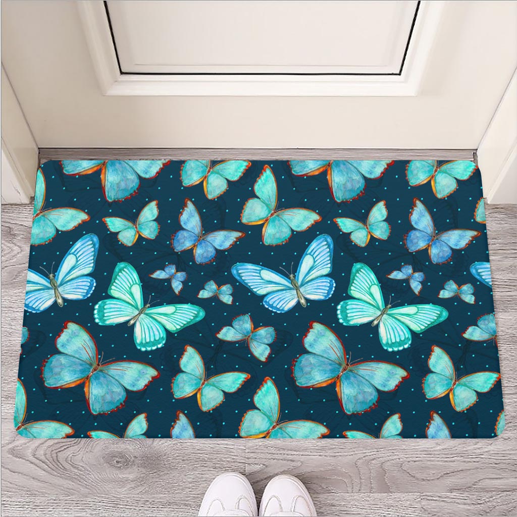 Watercolor Blue Butterfly Pattern Print Rubber Doormat