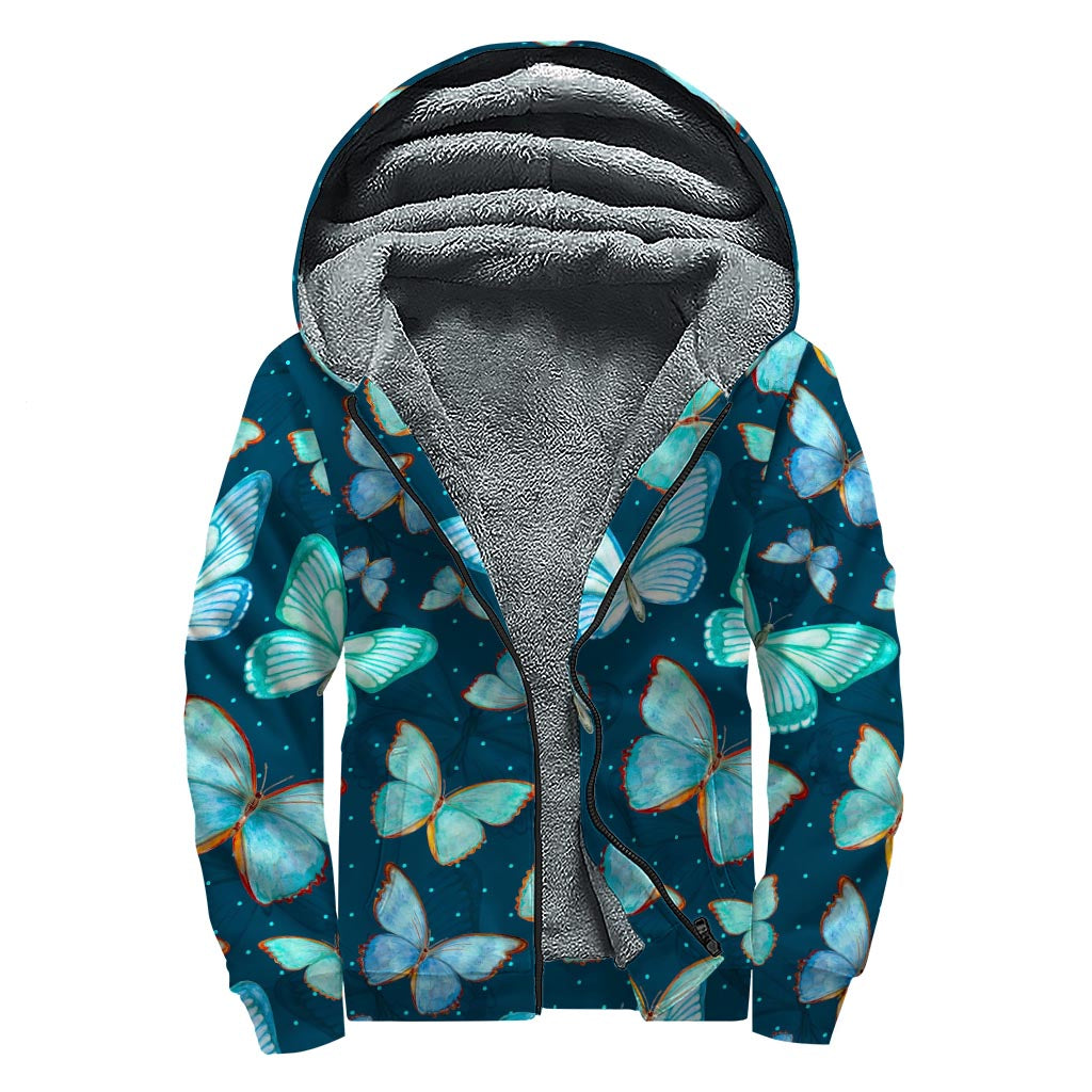 Watercolor Blue Butterfly Pattern Print Sherpa Lined Zip Up Hoodie