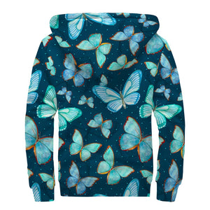Watercolor Blue Butterfly Pattern Print Sherpa Lined Zip Up Hoodie