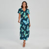 Watercolor Blue Butterfly Pattern Print Short Sleeve Maxi Dress