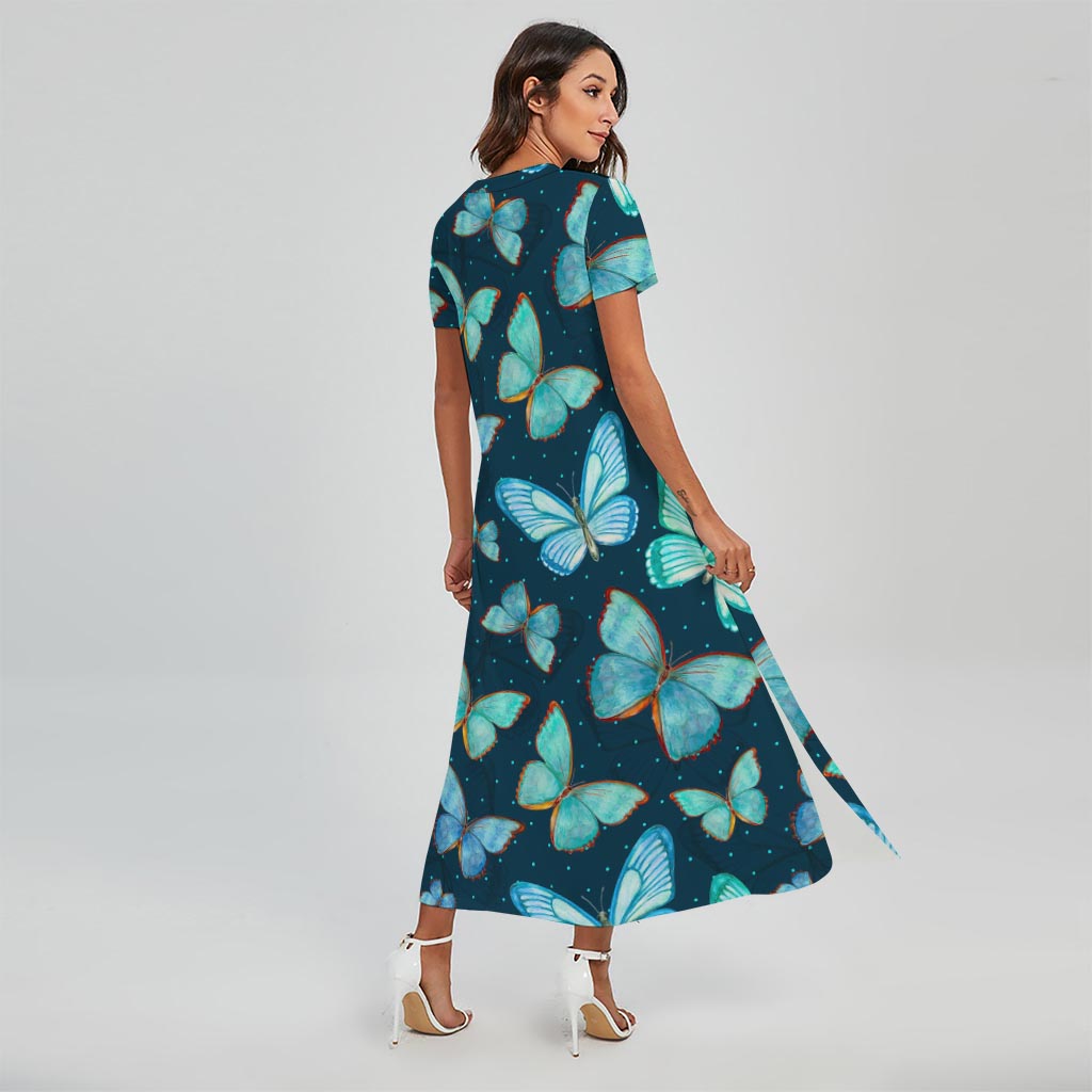 Watercolor Blue Butterfly Pattern Print Short Sleeve Maxi Dress