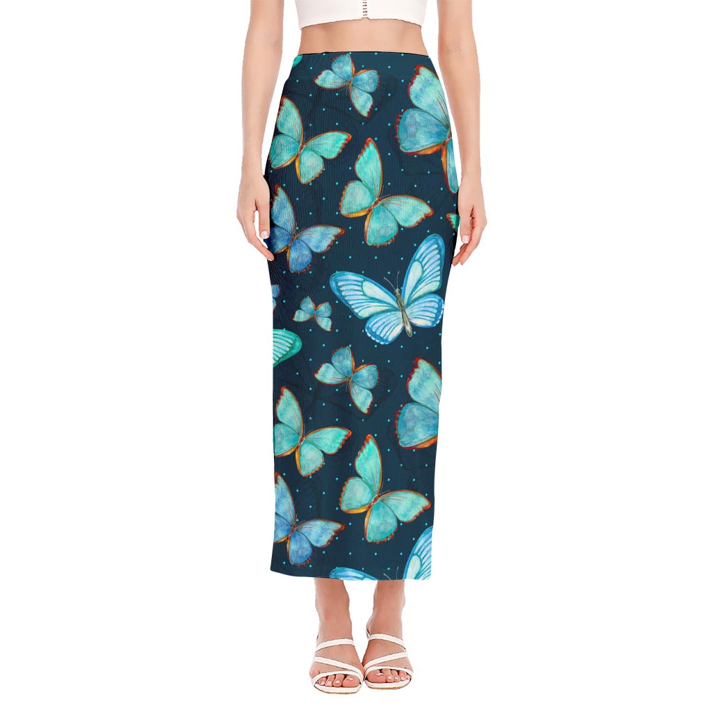 Watercolor Blue Butterfly Pattern Print Side Slit Maxi Skirt