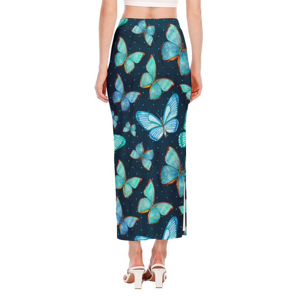 Watercolor Blue Butterfly Pattern Print Side Slit Maxi Skirt