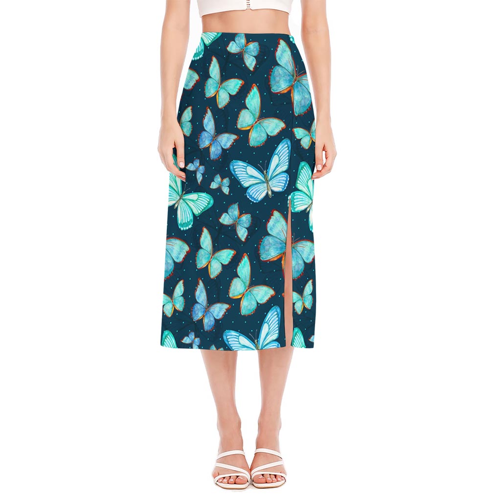 Watercolor Blue Butterfly Pattern Print Side Slit Midi Skirt