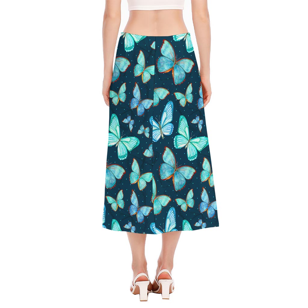 Watercolor Blue Butterfly Pattern Print Side Slit Midi Skirt