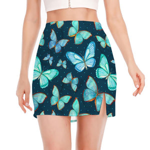 Watercolor Blue Butterfly Pattern Print Side Slit Mini Skirt