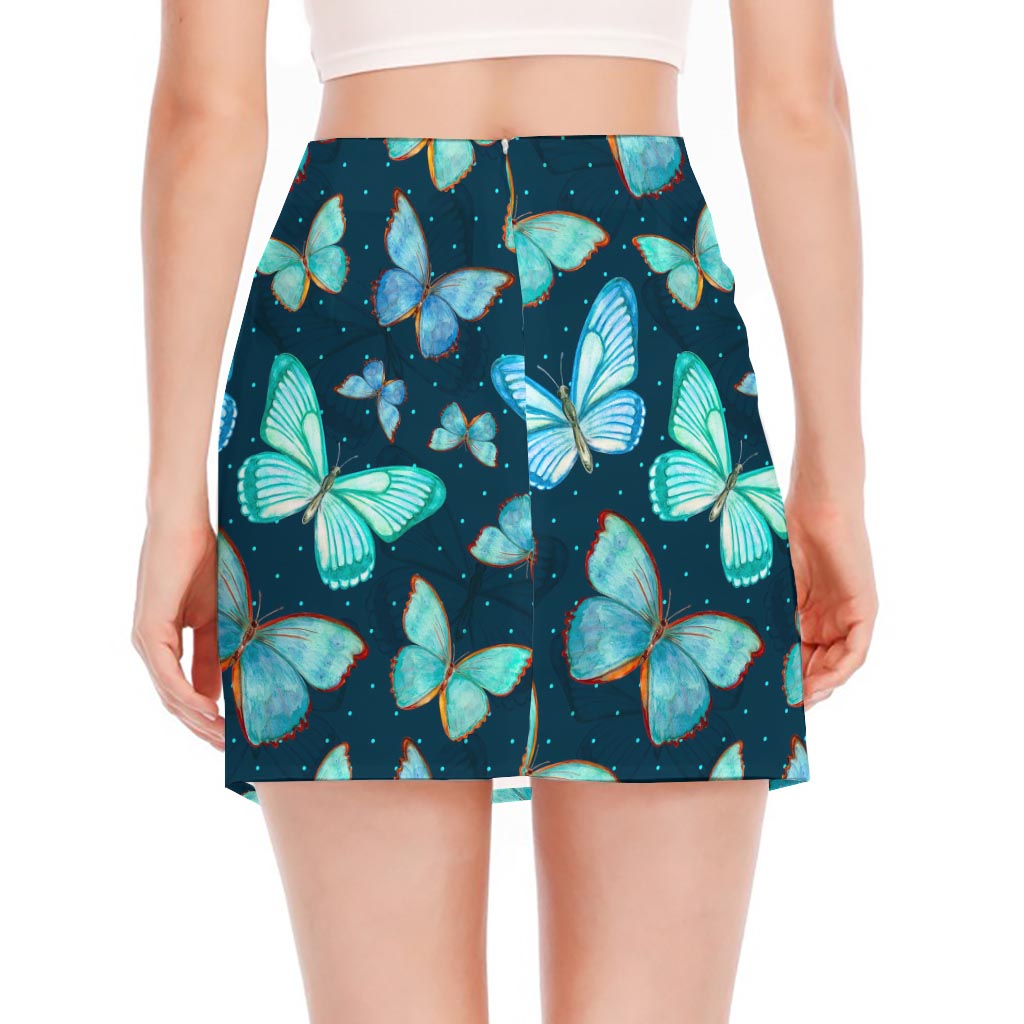 Watercolor Blue Butterfly Pattern Print Side Slit Mini Skirt