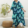 Watercolor Blue Butterfly Pattern Print Silk V-Neck Kaftan Dress