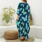 Watercolor Blue Butterfly Pattern Print Silk V-Neck Kaftan Dress