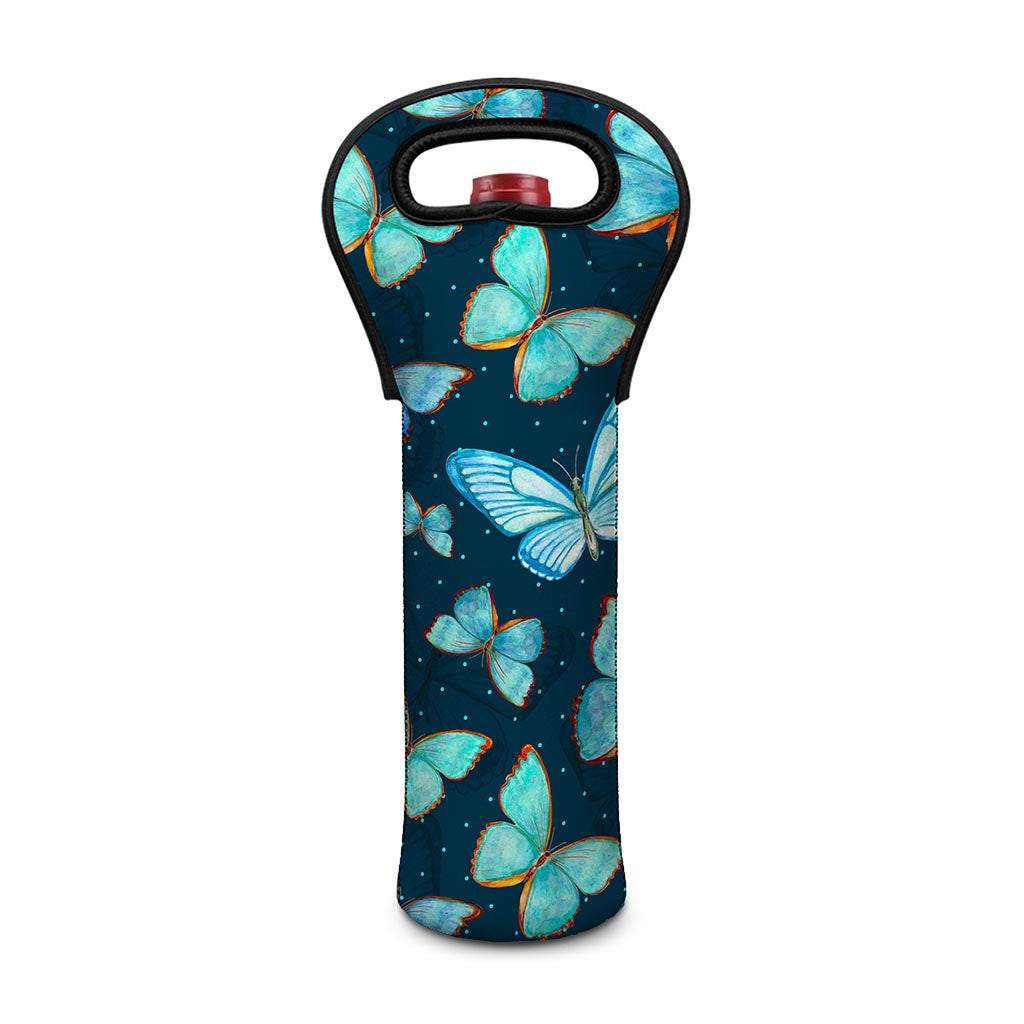 Watercolor Blue Butterfly Pattern Print Single Neoprene Wine Tote