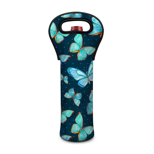 Watercolor Blue Butterfly Pattern Print Single Neoprene Wine Tote